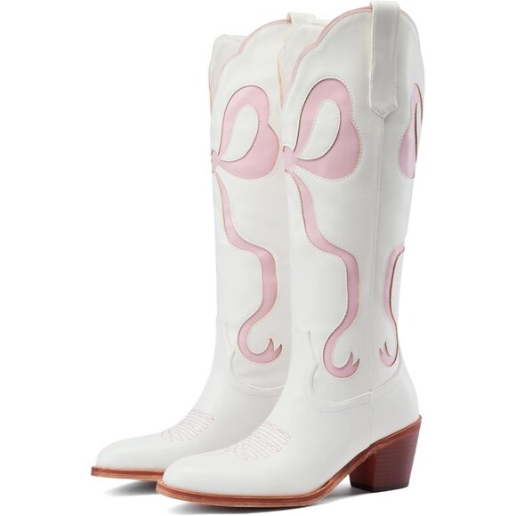 ⚡Women's Pink Cowgirl Boots Bow Knee High Almond Toe Chunky Heel Embroidered